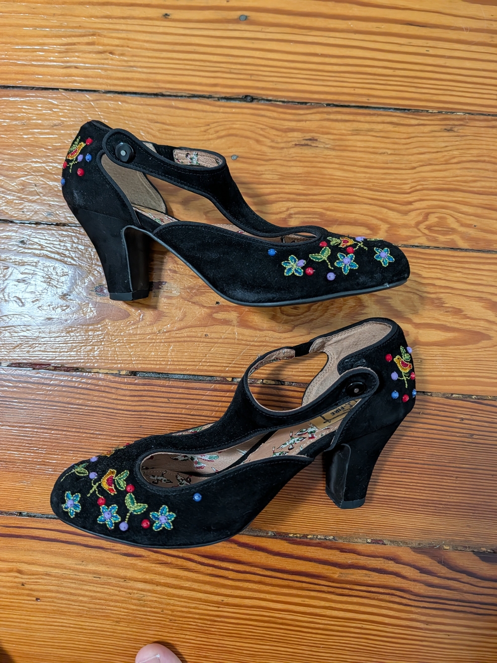 Anthropologie Black Suede Mary Jane Heels with Multicolor Floral Embroidery